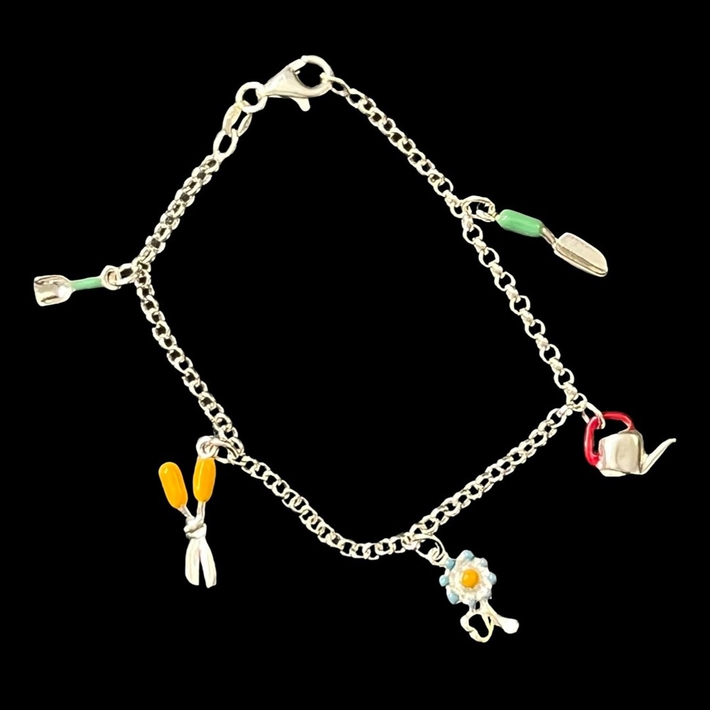 Vintage Sterling Silver 925 Garden Tools Flower Charm Bracelet Made In‎ Italy 7"